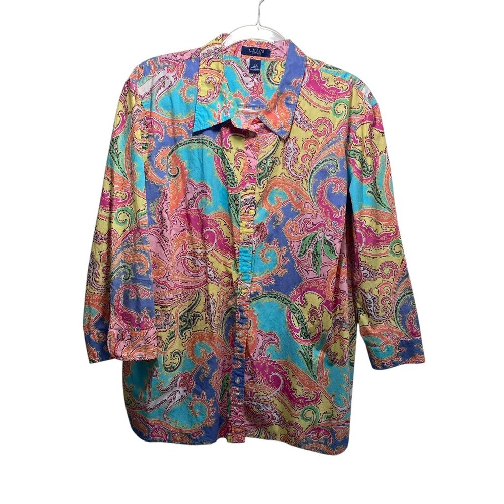 Chaps 100% Cotton Flip Cuff Cottage Paisley Long Sleeve Button Up Top 3X‎ Pink